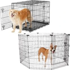 Frisco Heavy Duty Fold & Carry Double Door Collapsible Wire Dog Crate & Frisco Wire Dog & Small Pet Exercise Pen With Step-Through Door