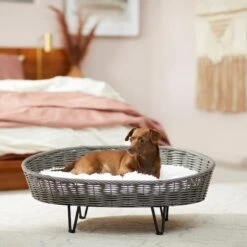 Frisco Elevated Rectangle Wicker Dog & Cat Bed With Eyelash Faux Fur Cushion