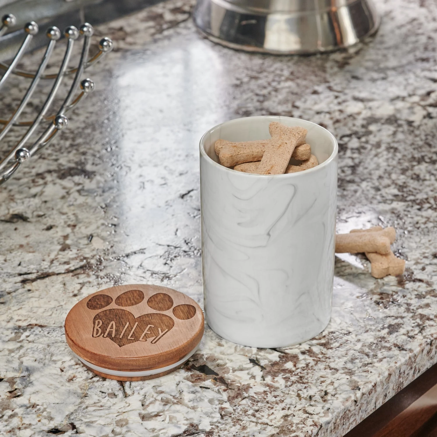 Frisco Ceramic Marble Print Personalized Treat Jar With Wood Lid, 3.75 Cups 3 Frisco Ceramic Marble Print Personalized Treat Jar With Wood Lid, 3.75 Cups - Image 3