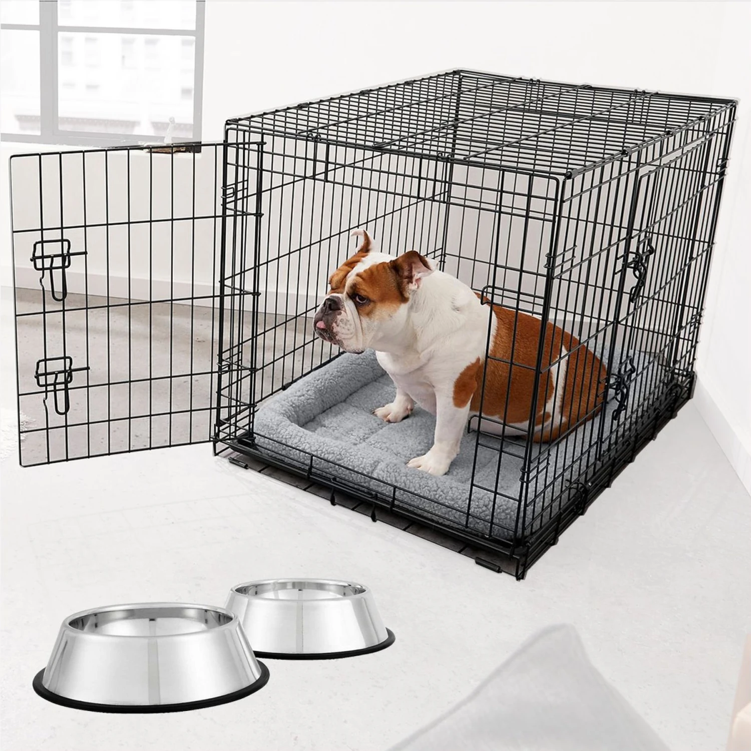 Frisco Fold & Carry Double Door Collapsible Wire Dog Crate & Mat Kit & Frisco Stainless Steel Bowl 1 Frisco Fold & Carry Double Door Collapsible Wire Dog Crate & Mat Kit & Frisco Stainless Steel Bowl