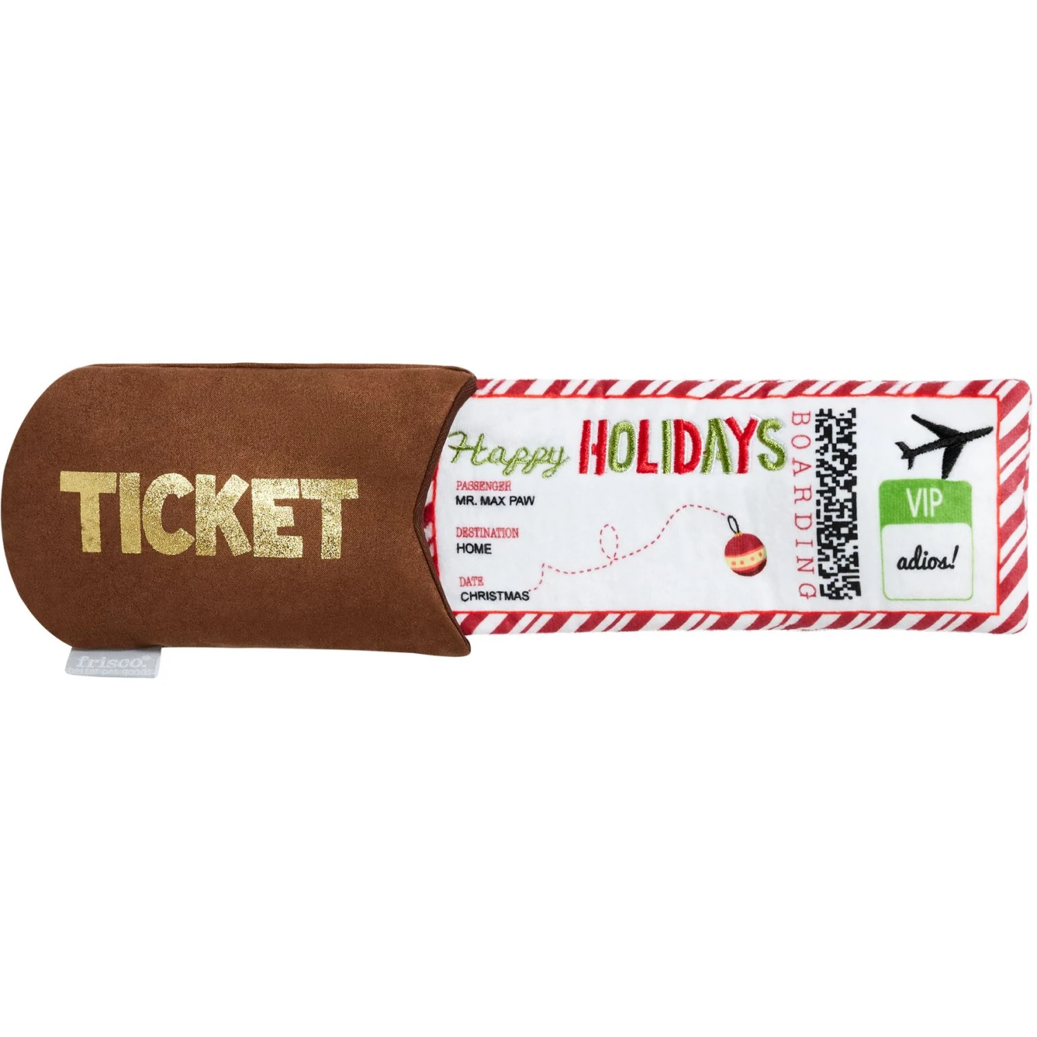 Frisco Holiday Home For The Holidays Airline Ticket Bungee Plush Squeaky Dog Toy 1 Frisco Holiday Home For The Holidays Airline Ticket Bungee Plush Squeaky Dog Toy