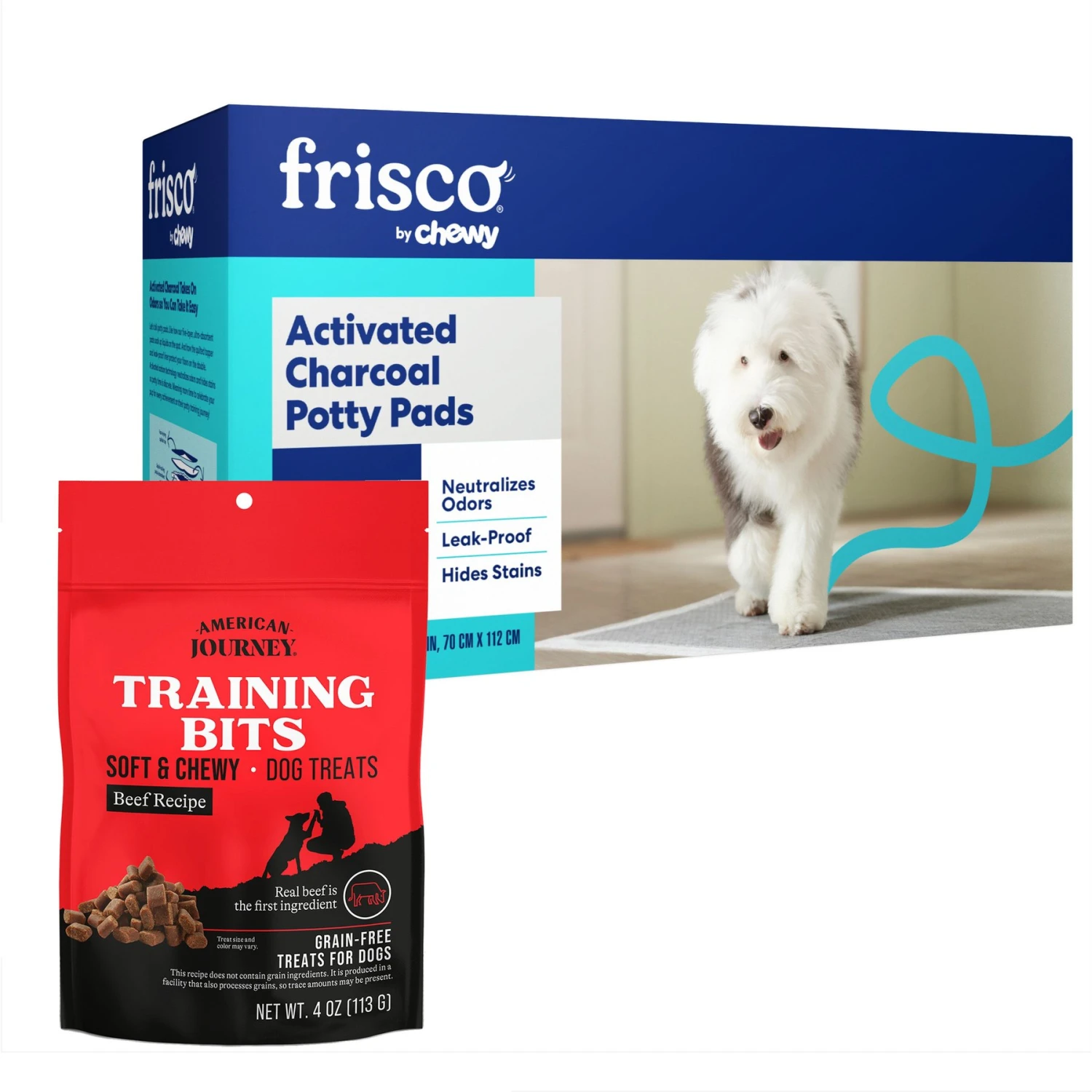 Frisco Giant Charcoal Dog Training & Potty Pads & American Journey Beef Recipe Grain-Free Soft & Chewy Training Bits Dog Treats 1 Frisco Giant Charcoal Dog Training & Potty Pads & American Journey Beef Recipe Grain-Free Soft & Chewy Training Bits Dog Treats